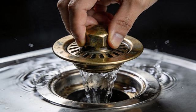 Hand lifting brass sink strainer draining water stainless drain closeup patina ripples