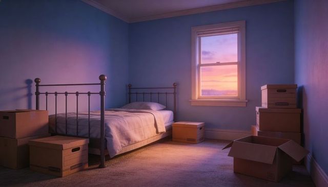 Sunset light on minimalist bedroom with metal single bed and moving boxes for transition