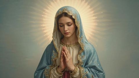 Graceful, devout the virgin mary woman in prayer with radiant halo