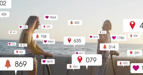 Couple on Seaside Promenade Surrounded by Social Media Icons