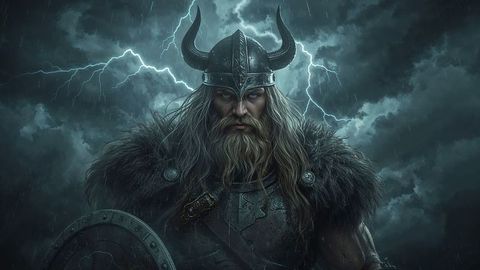 Epic viking warrior battling stormy elements