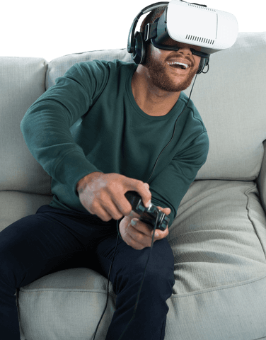 excited man enjoying video game with transparent vr headset on couch - Download Free Stock Videos Pikwizard.com