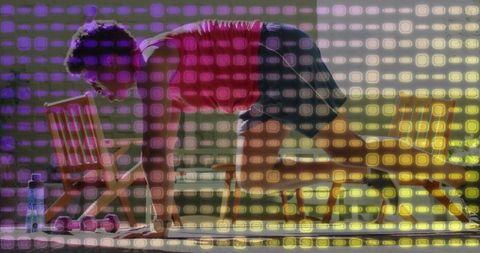 Man Holding Low Plank for Core Strength on Mat in Gym with Pink Dumbbells and Gradient Grid