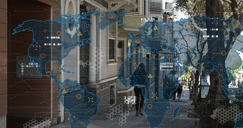 Digital world transition overlaid on urban streetscape