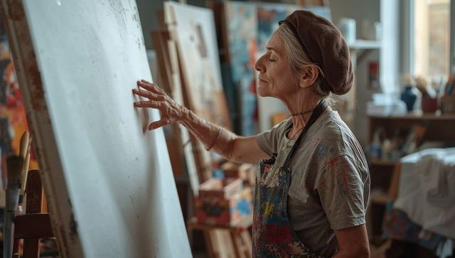 Senior artist engaging with blank canvas in artisan studio