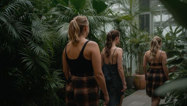 Three women walking through lush greenhouse with tropical palms and moody natural light