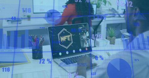 Remote Team Collaborating on NFT Strategy with Data Charts, Analytics and Laptop Video Call
