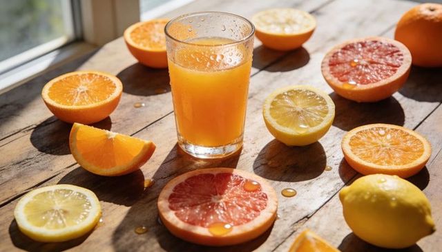 Sunlight glinting on sweating glass of orange juice, halved citrus arranged on rustic wooden table
