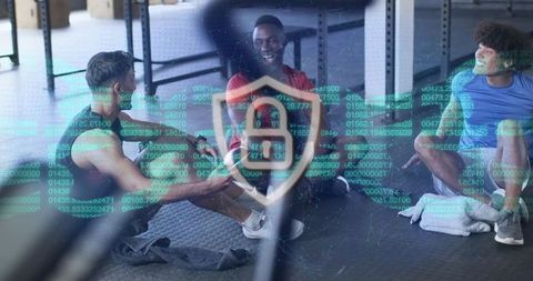 Friends Bonding at Gym with Digital Security Concept Overlay