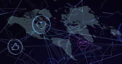 Connecting world map with neon network lines and social icons for global digital communication