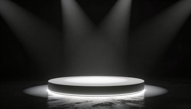 Minimal illuminated circular pedestal on dark stage with dramatic spotlights and glowing rim halo