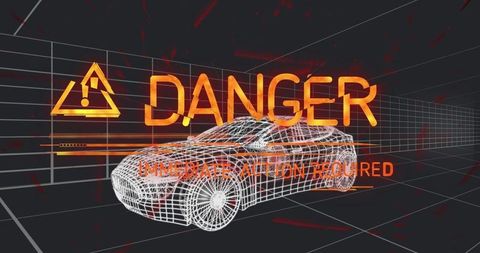 3d wireframe car model with danger warning overlay