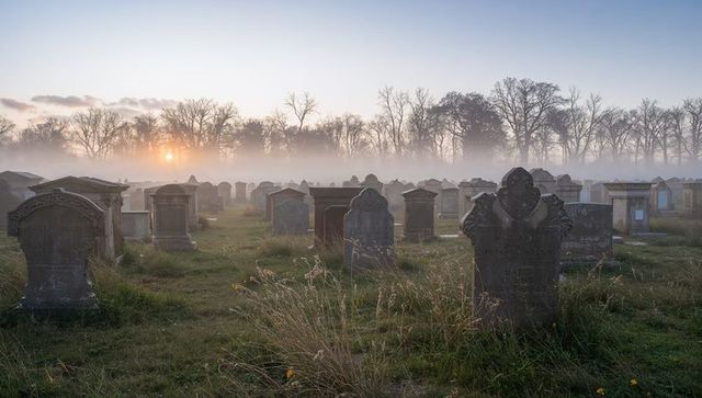 Misty morning cemetery with ambiance and quiet beauty