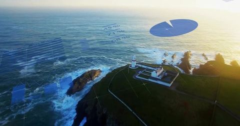Lighthouse overlooking ocean enhanced with digital data visualization
