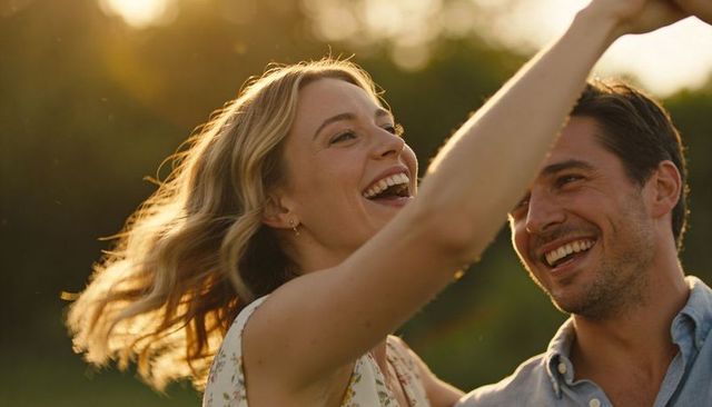 Laughing couple dancing at golden hour with warm backlight and soft bokeh, romantic summer portrait