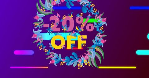 Neon floral 20 percent off promotion on purple background