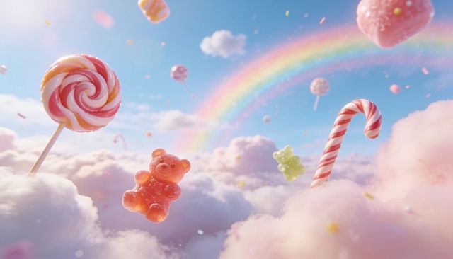 Floating candy wonderland featuring gummy bear and lollipop drifting through pastel clouds