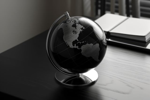 A sleek, black globe displaying continents rests on a modern, dark wooden desk. This image is perfect for business presentations, educational purposes, travel blogs, office decor inspiration, and articles discussing global perspectives or international business.