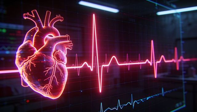 Neon holographic heart pulsing with pink ecg and blue waveform on medical monitor hud