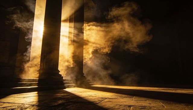 Golden sunlight streaming through temple columns casting dramatic dust and long shadows
