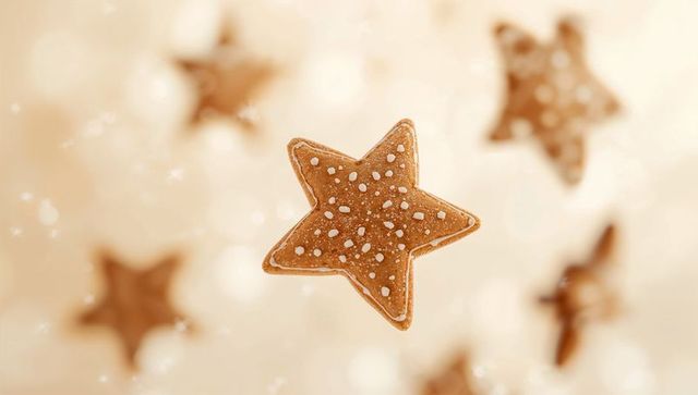 Floating star-shaped gingerbread cookie with white icing and powdered sugar on warm bokeh