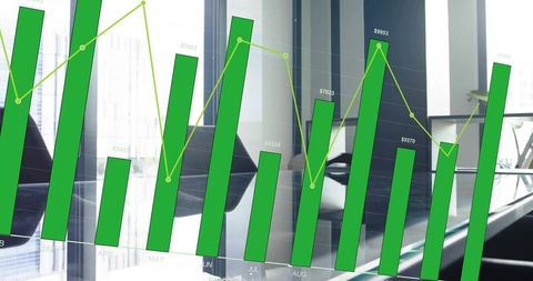 Green Financial Chart Overlaying Glass Conference Table for Business Analytics
