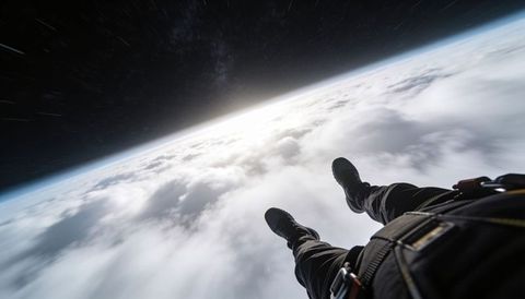 Dangling jumper legs above cloud deck showcasing earth curvature, horizon and stars