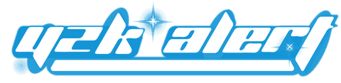 Futuristic y2k alert logo with cyan outline and sparkles