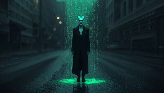 Cyberpunk man standing in trenchcoat under glowing green code rain on deserted neon street