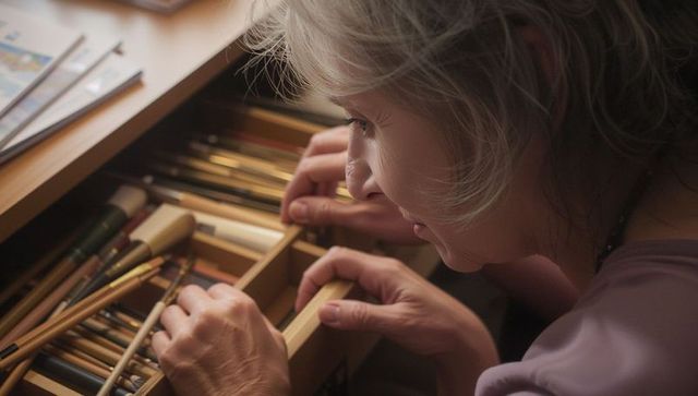 Senior woman inspecting brush drawer in home art studio, intimate creative moment