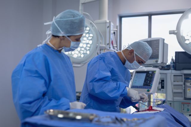 Medical professionals performing surgery in a hospital setting. Ideal for use in healthcare promotions, medical training materials, and articles about hospital procedures and patient care.