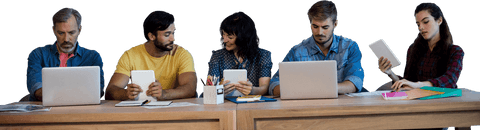 Transparent teamwork discussion with laptops and tablets in office