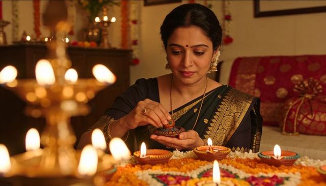 Indian woman in silk saree lighting diyas on floral rangoli for diwali celebration indoors