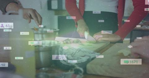 Chopping vegetables on cutting board with social media ui overlays, home chef multitasking