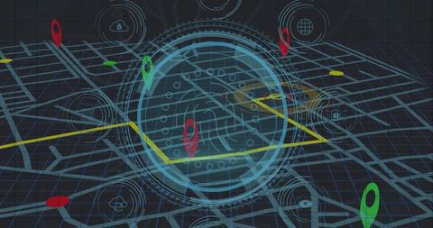 Cyan holographic navigation interface tracing yellow route with red and green map pins