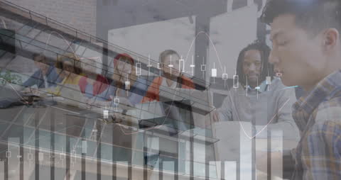 Diverse Team Analyzing Financial Data with Stock Market Projections