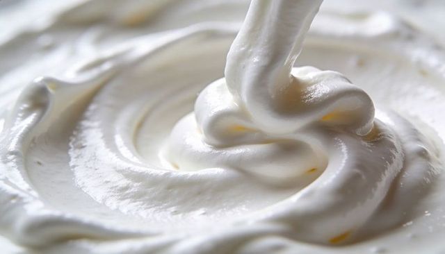 Pouring cream creating smooth glossy swirls closeup of thick frosting texture for baking