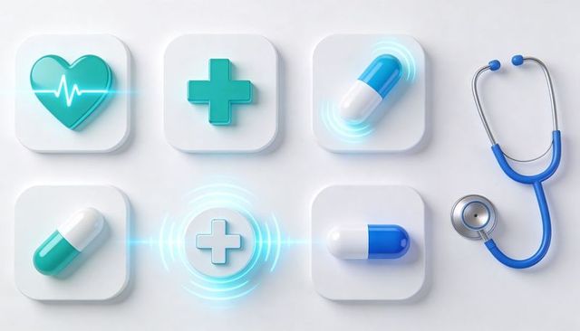 Medical app interface tiles with capsules cross heart icons and stethoscope on white