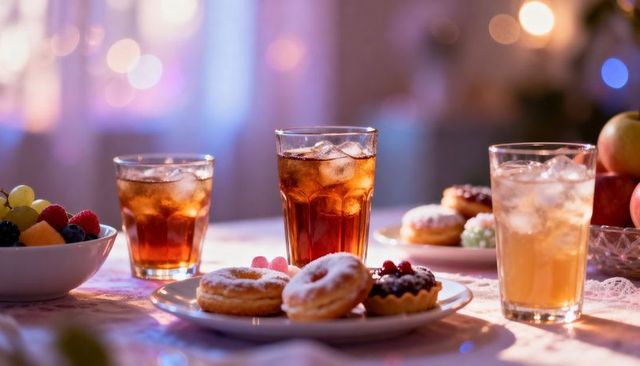 Evening dessert table with iced drinks, powdered donuts, berry tart and soft bokeh lights