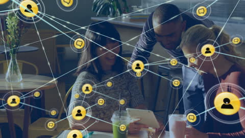 Diverse Team Collaborating in Smart Office with Digital Network Overlay