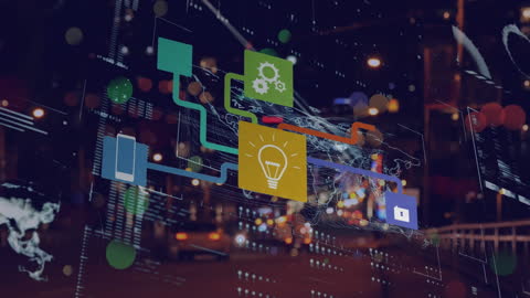 Futuristic Network Visual with Digital Icons and City Backdrop