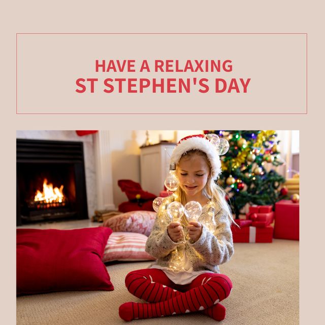 Happy St Stephen's Day Celebration with Girl by Christmas Fireplace - Download Free Stock Templates Pikwizard.com