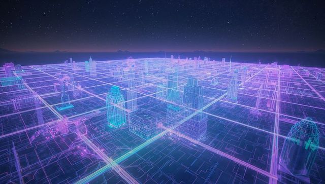 Futuristic Neon Wireframe City at Night with Glowing Vibes