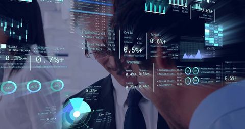 Business team analyzing augmented financial data on glass display in futuristic boardroom