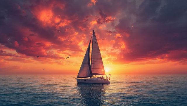 Sailboat gliding into fiery sunset over calm ocean, dramatic silhouette and reflections