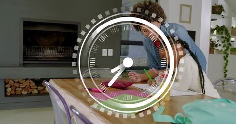 Caregiver guiding child with pencil during focused home learning and time management