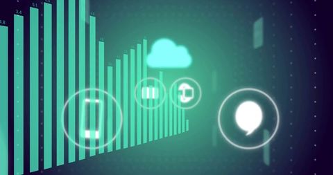 Teal holographic data dashboard projecting bar chart and cloud hud icons for presentations