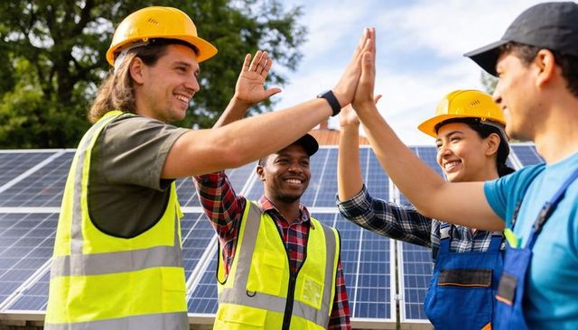 Solar installers celebrating teamwork on rooftop photovoltaic array with safety gear