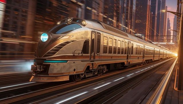 Sleek high-speed train racing on elevated rails through glowing urban skyline at sunset