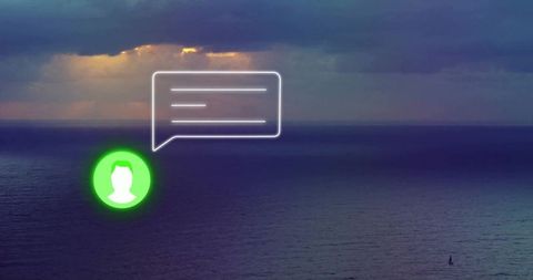 Glowing Digital Avatar with Chat Bubble Over Dusk Sea